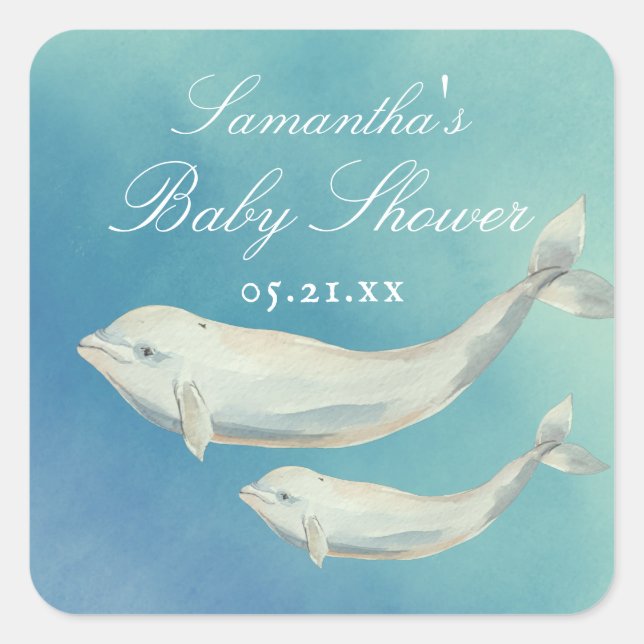 Pegatina Cuadrada Beluga Whale Mom y Calf Baby Shower (Anverso)