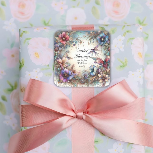 Pegatina Cuadrada Bendición de Pascua Elegante Floral acuática (Subido por el creador)