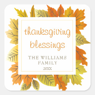 Pegatina Cuadrada Bendiciones de Acción de Gracias Otoño Dejan Día d
