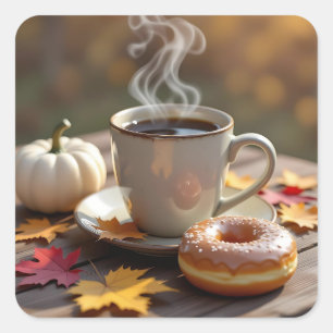 Pegatina Cuadrada Bendiciones de Otoño, Café Caliente y una Donut