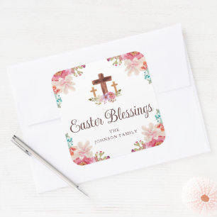 Pegatina Cuadrada Bendiciones de Pascua Elegantes Cruz Floral