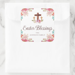 Pegatina Cuadrada Bendiciones de Pascua Lindas Cruz Floral