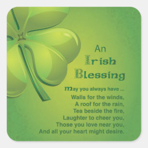 Pegatina Cuadrada Bendiciones irlandesas Green Shamrock, Celtic