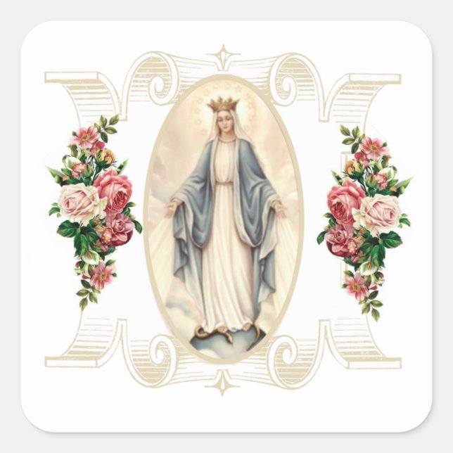 Pegatina Cuadrada Bendita Virgen María Católica Floral Religiosa (Anverso)