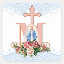 Pegatina Cuadrada Bendita Virgen María Rosas Católicos Religiosos