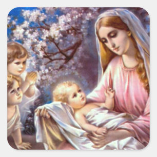 Pegatina Cuadrada Bendita Virgen María y Niño Jesús