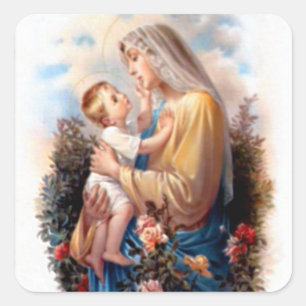 Pegatina Cuadrada Bendita Virgen María y Niño Jesús
