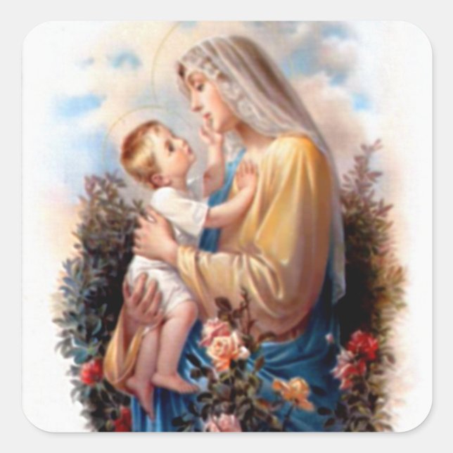 Pegatina Cuadrada Bendita Virgen María y Niño Jesús (Anverso)