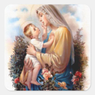 Pegatina Cuadrada Bendita Virgen María y Niño Jesús
