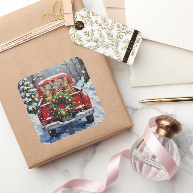 Pegatina Cuadrada Bengal Cat Christmas Red Truck Holiday (Regalar)
