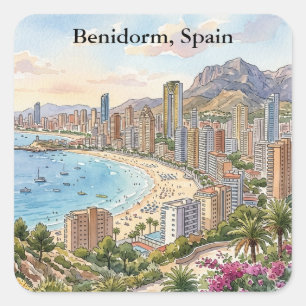 Pegatina Cuadrada Benidorm España Costa Blanca Vacaciones Retro Vint