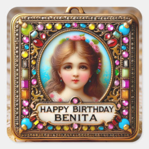 Pegatina Cuadrada BENITA ~ CUMPLEAÑOS FELIZ ~ Chica de época ~