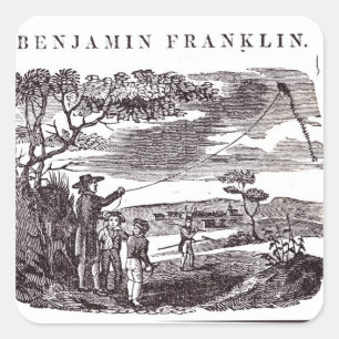 Pegatina Cuadrada Benjamin Franklin dirige su experimento de cometas