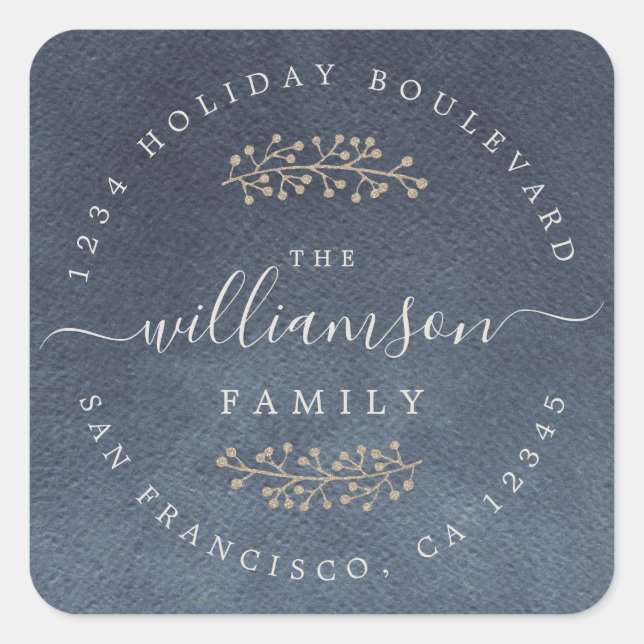 Pegatina Cuadrada Berias de oro rusticas brotan Navidades azul oscur (Anverso)