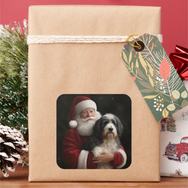 Pegatina Cuadrada Bernedoodle con Navidades festivos de Santa Claus (Vacaciones)