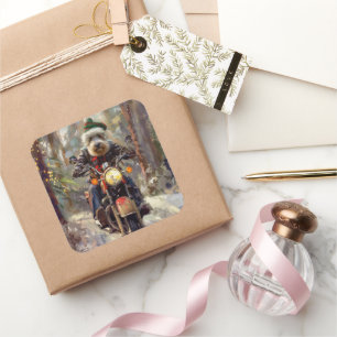 Pegatina Cuadrada Bernedoodle Dog Riding Motorcycle Christmas