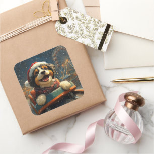 Pegatina Cuadrada Bernedoodle Dog Roller Coaster Navidades
