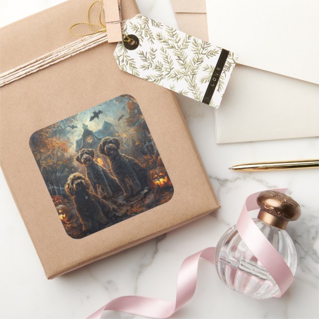 Pegatina Cuadrada Bernedoodle Halloween Noche Doggy Delight (Regalar)