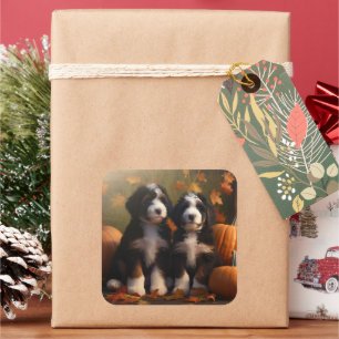Pegatina Cuadrada Bernedoodle Puppy Autumn Delight Pumpkin