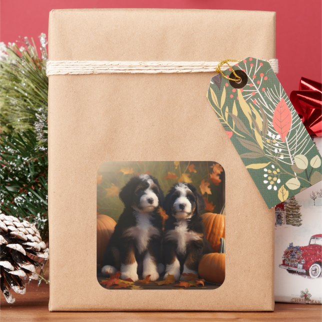 Pegatina Cuadrada Bernedoodle Puppy Autumn Delight Pumpkin (Vacaciones)