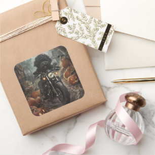 Pegatina Cuadrada Bernedoodle Riding Motorcycle Halloween Scary