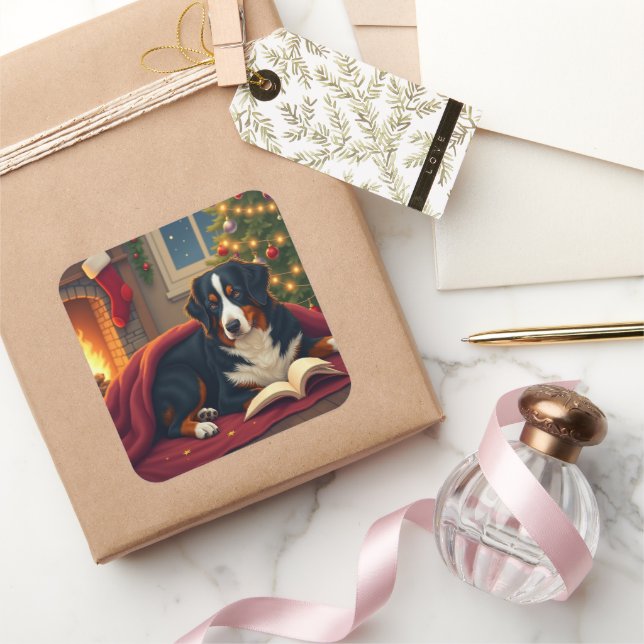 Pegatina Cuadrada Bernese Mountain Dog Christmas Bedtime Story (Regalar)