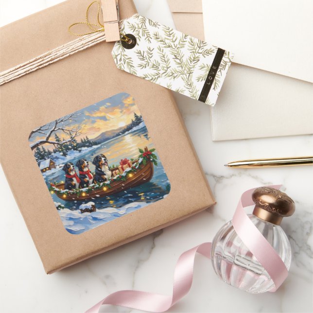 Pegatina Cuadrada Bernese Mountain Dog Christmas Boat Holiday (Regalar)