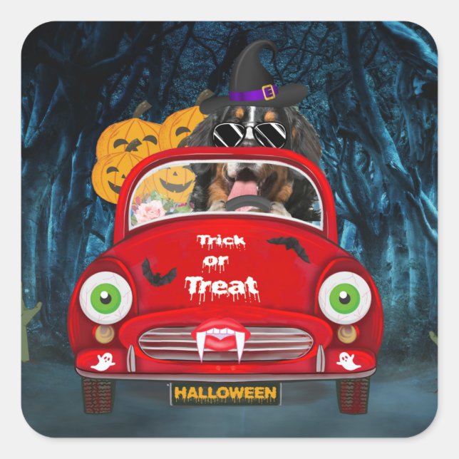 Pegatina Cuadrada Bernese Mountain Dog Driing Car Sasuy Halloween (Anverso)
