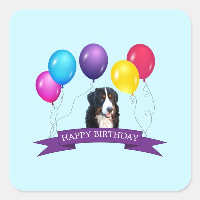 Pegatina Cuadrada Bernese Mountain Dog Happy Birday (Anverso)