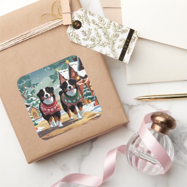 Pegatina Cuadrada Bernese Mountain Dogs Christmas Snow Holiday (Regalar)