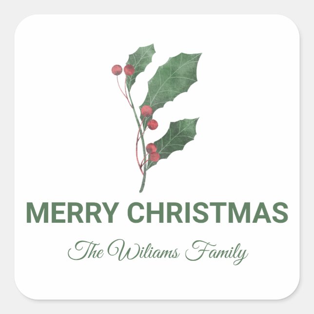 Pegatina Cuadrada Berries and Leaves Custom Merry Christmas Holiday (Anverso)