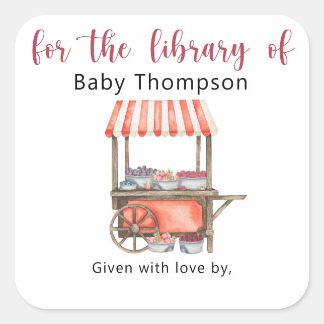 Pegatina Cuadrada Berries - Baby Shower bookplate, books for baby (Anverso)