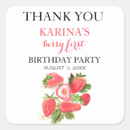 Pegatina Cuadrada Berry 1er cumpleaños Fiesta Fresa frutal verano