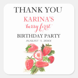 Pegatina Cuadrada Berry 1er cumpleaños Fiesta Fresa frutal verano