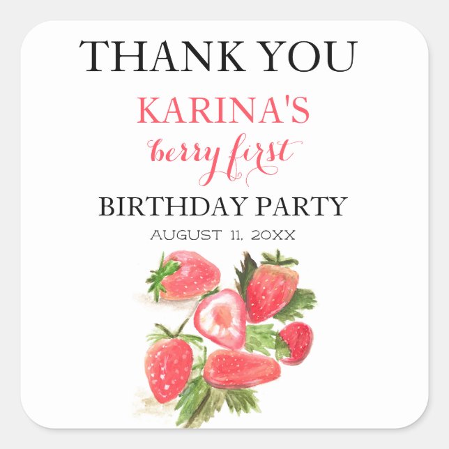 Pegatina Cuadrada Berry 1er cumpleaños Fiesta Fresa frutal verano (Anverso)