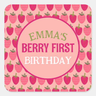 Pegatina Cuadrada Berry First Birthday Custom Name