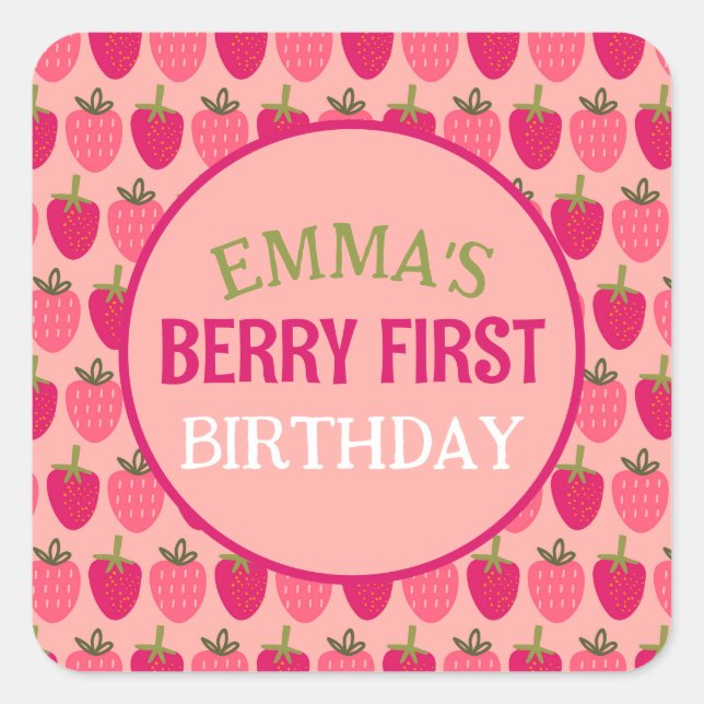 Pegatina Cuadrada Berry First Birthday Custom Name (Anverso)