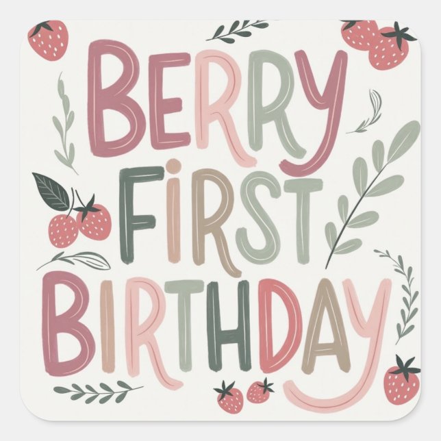 Pegatina Cuadrada Berry First Birthday for Girls Sticker (Anverso)