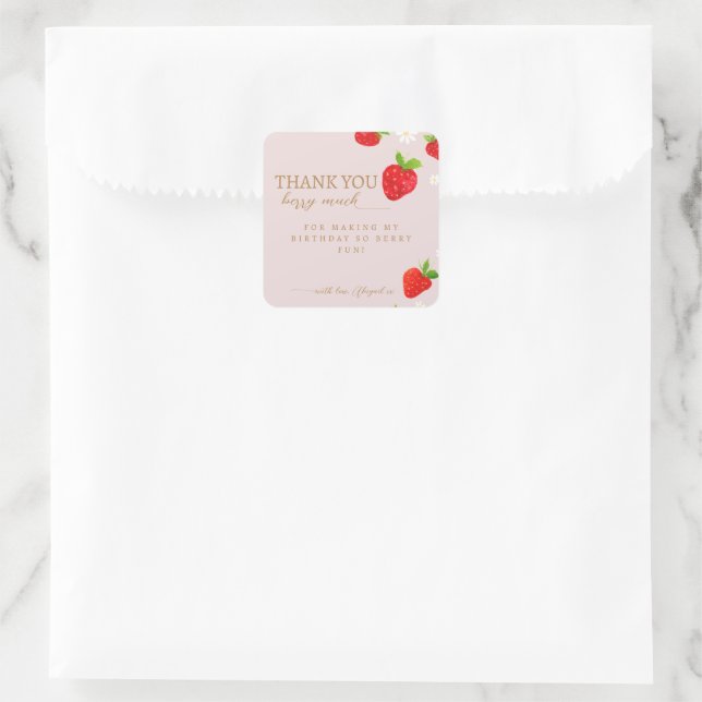 Pegatina Cuadrada Berry First First Strawberry Birthday Gracias (Bolso)