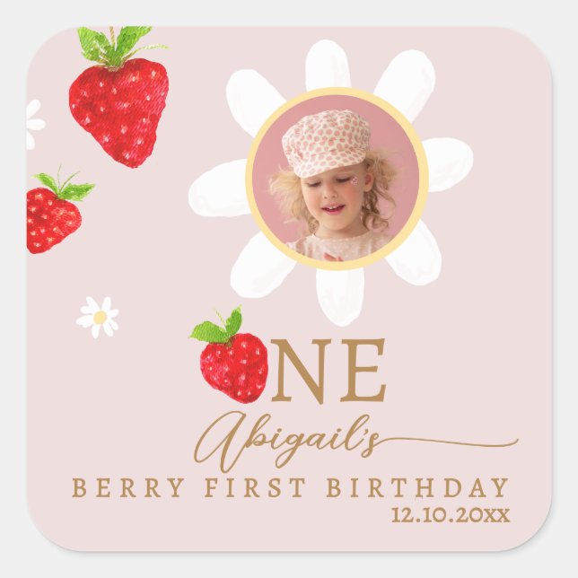 Pegatina Cuadrada Berry First First Strawberry Birthday Photo (Anverso)