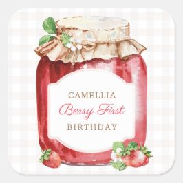 Pegatina Cuadrada Berry First Strawberry Jam 1er Fiesta de cumpleaño