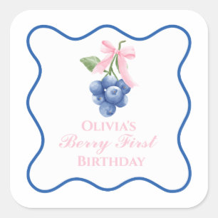 Pegatina Cuadrada Berry primer cumpleaños de arándano azul Pink Bow 