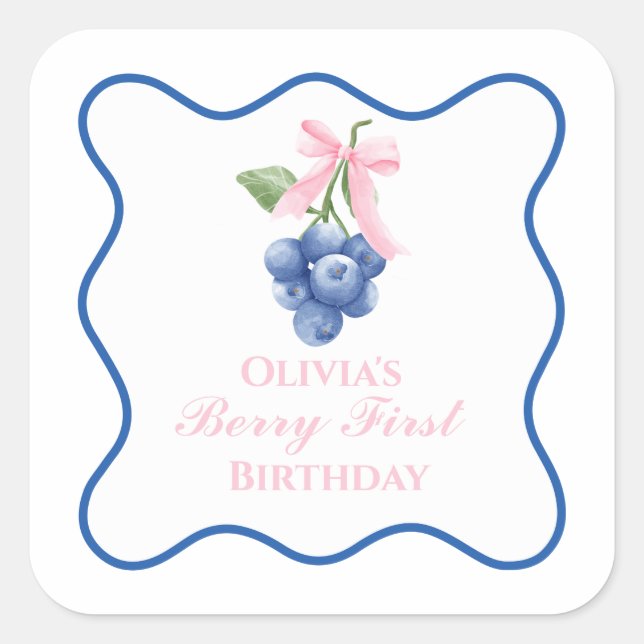 Pegatina Cuadrada Berry primer cumpleaños de arándano azul Pink Bow  (Anverso)