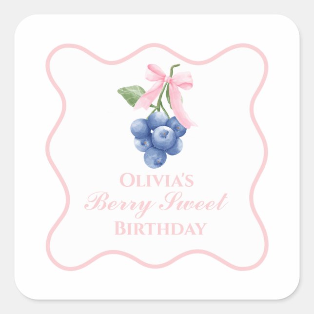 Pegatina Cuadrada Berry Sweeberry cumpleaños Pink Bow Coquette (Anverso)