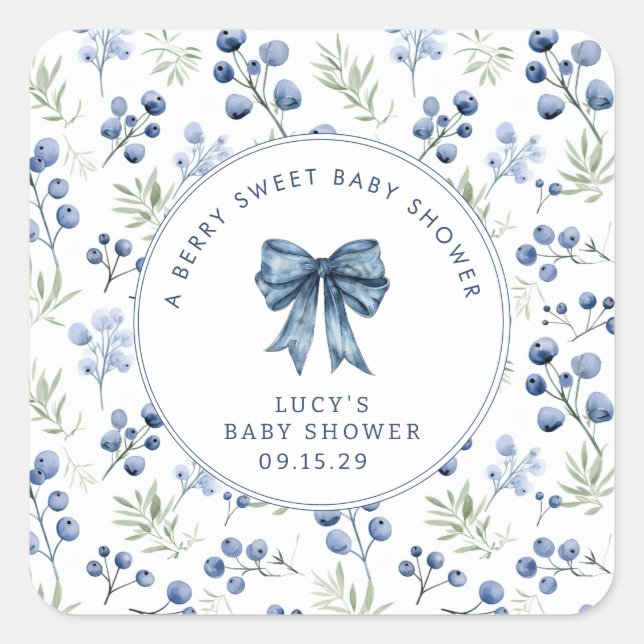Pegatina Cuadrada Berry Sweet Baby Shower Blueberry Bow (Anverso)