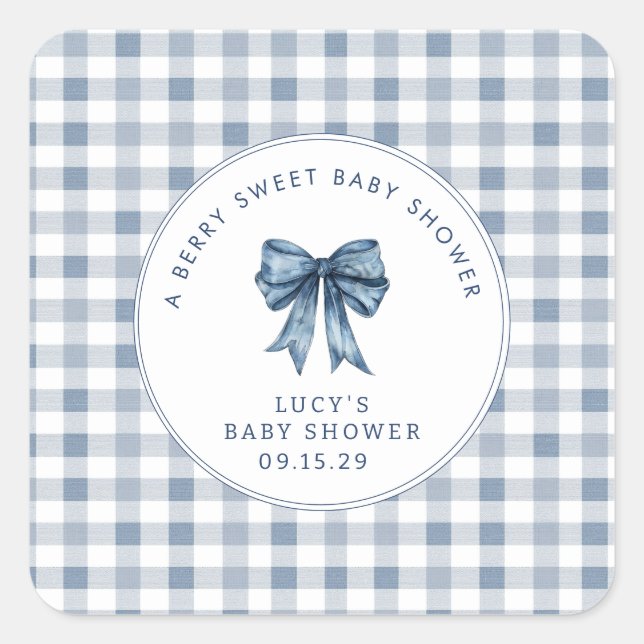 Pegatina Cuadrada Berry Sweet Baby Shower Blueberry Bow (Anverso)