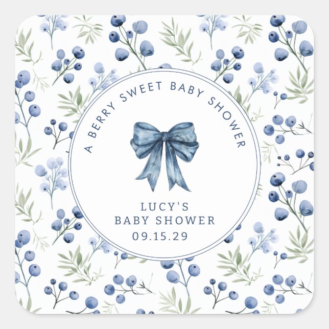 Pegatina Cuadrada Berry Sweet Baby Shower Blueberry Bow (Anverso)
