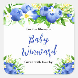 Pegatina Cuadrada Berry Sweet Blueberry Baby Shower Bookplate