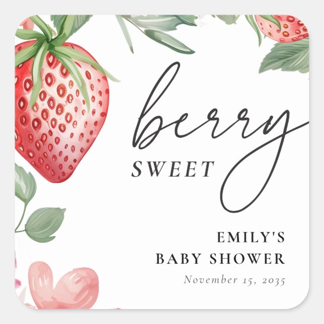 Pegatina Cuadrada Berry Sweet Floral Baby Shower (Anverso)