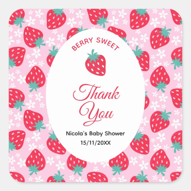 Pegatina Cuadrada Berry Sweet Pink Strawberry Baby Shower (Anverso)